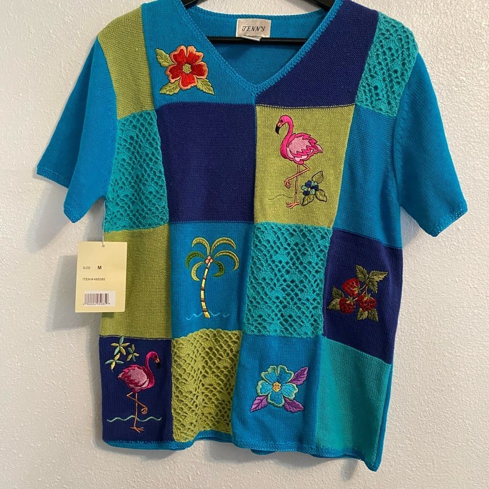 New Colorful M Flamingo Colorful Sweater Granny Bright Cottage Coquette b1-22 - Picture 2 of 10